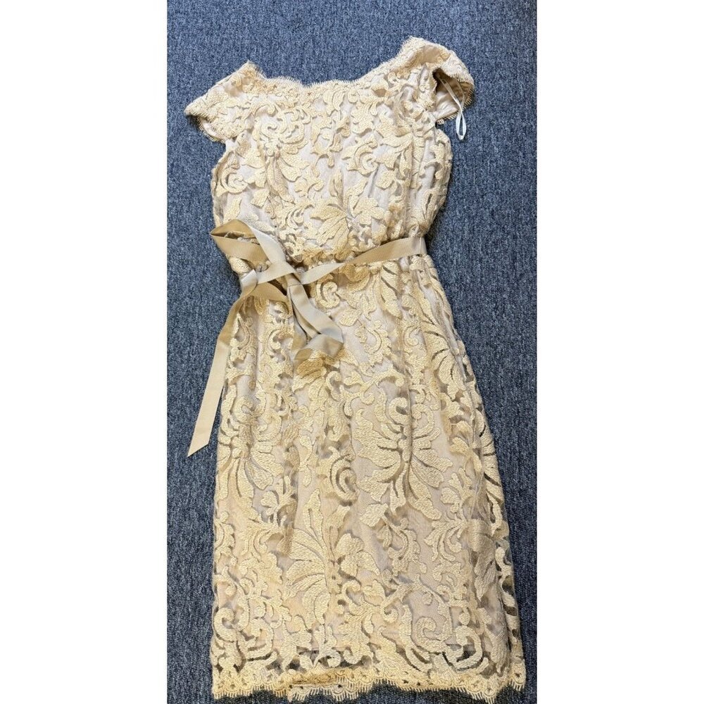 Tadashi Shoji Nude Beige Floral Embroidery Lace Overlay Pencil S/S Dress Size 6P - Picture 2 of 6